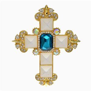 Vintage Gold & Rhinestone Cross Brooch Pin With White Inlays & Blue Glass Center